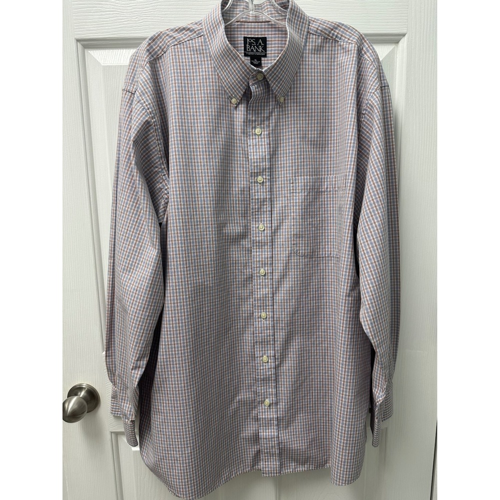 Jos. A. Bank Traveler's Collection Plaid Button Down Shirt Mens XL Blue Orange